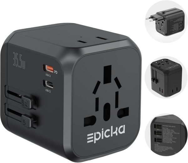 EPICKA Universal Travel Adapter, International Plug Adapter with Dual AC Outlet, 2 USB-C 35W PD Fast Charging & 3 USB-A, All in One Worldwide Wall Charger (TA-205, Black)