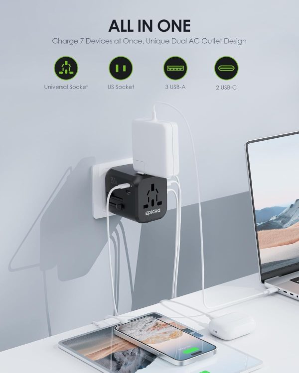 EPICKA Universal Travel Adapter, International Plug Adapter with Dual AC Outlet, 2 USB-C 35W PD Fast Charging & 3 USB-A, All in One Worldwide Wall Charger (TA-205, Black) - Image 2
