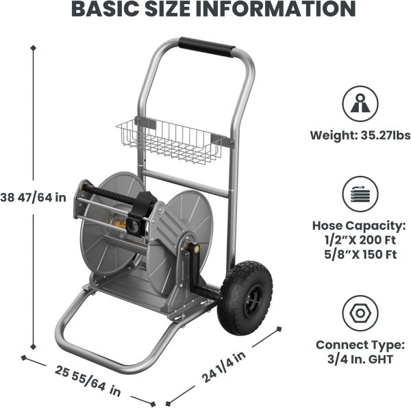 Giraffe Tools Garden Hose Reel Cart with Wheels, Heavy Duty Metal Water Hose Reel Cart, 200 ft of 1/2 Capacity, Mobile Hose Reel Cart for Outside - Image 7