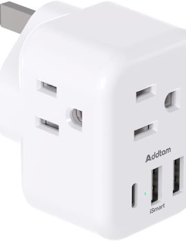 US to UK Ireland Plug Adapter, Addtam Type G Power Adapter with 3 AC Outlets and 3 USB(1 USB C), Travel Essentials for USA to Dubai Scotland British London England Hong Kong Irish