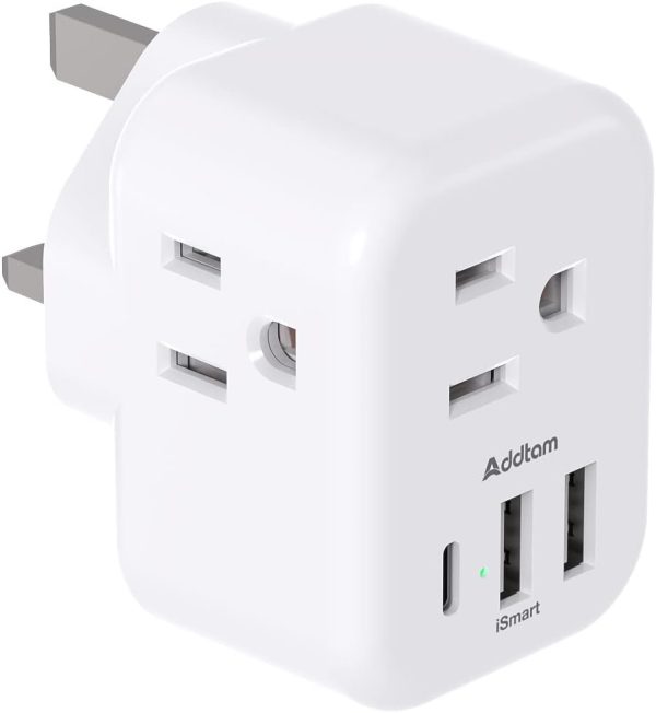 US to UK Ireland Plug Adapter, Addtam Type G Power Adapter with 3 AC Outlets and 3 USB(1 USB C), Travel Essentials for USA to Dubai Scotland British London England Hong Kong Irish