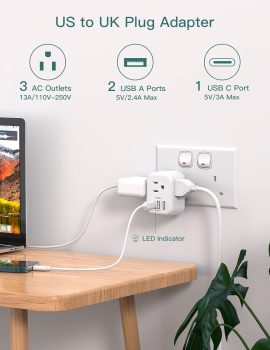 US to UK Ireland Plug Adapter, Addtam Type G Power Adapter with 3 AC Outlets and 3 USB(1 USB C), Travel Essentials for USA to Dubai Scotland British London England Hong Kong Irish