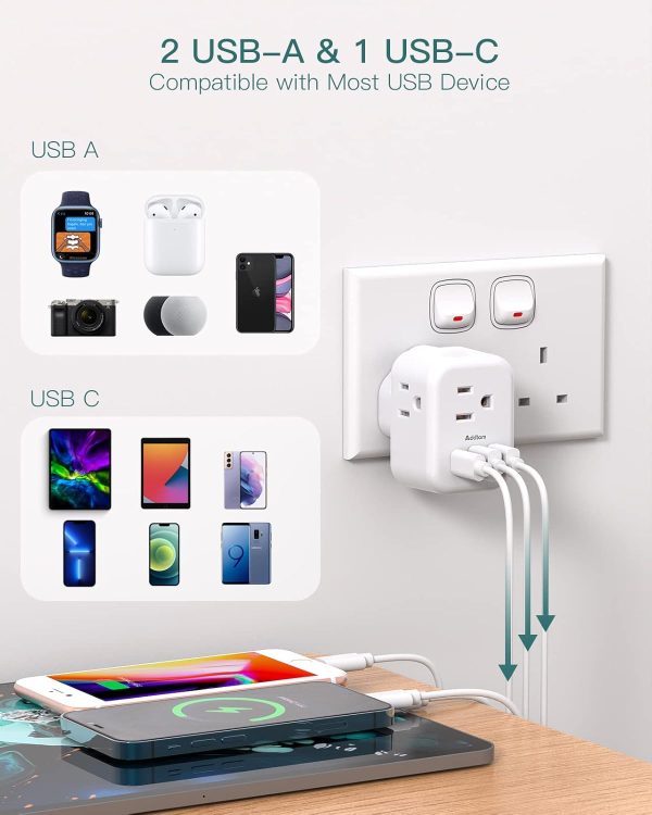 US to UK Ireland Plug Adapter, Addtam Type G Power Adapter with 3 AC Outlets and 3 USB(1 USB C), Travel Essentials for USA to Dubai Scotland British London England Hong Kong Irish - Image 5